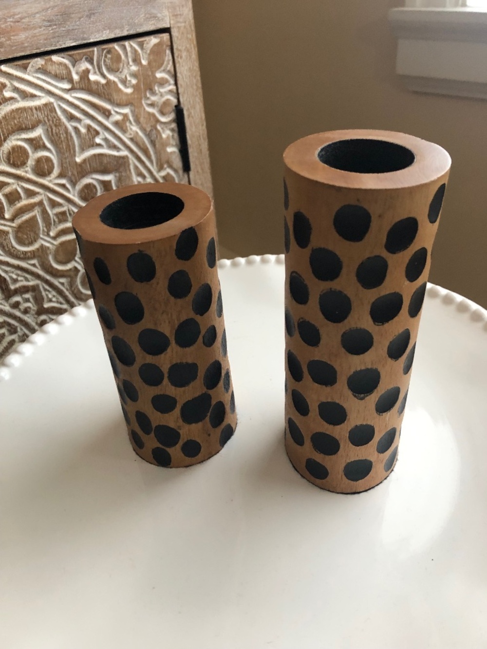 Wooden set of 2 handmade candle holders  2.5” wide x 5.5” tall and 2.5” x 6.5”